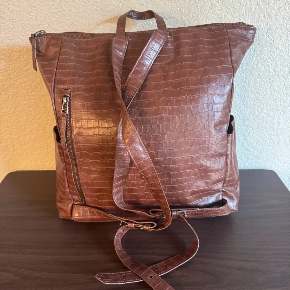 Freshly Picked Classic‎ Diaper Bag Backpack Brown Croc Embossed Vegan Leather